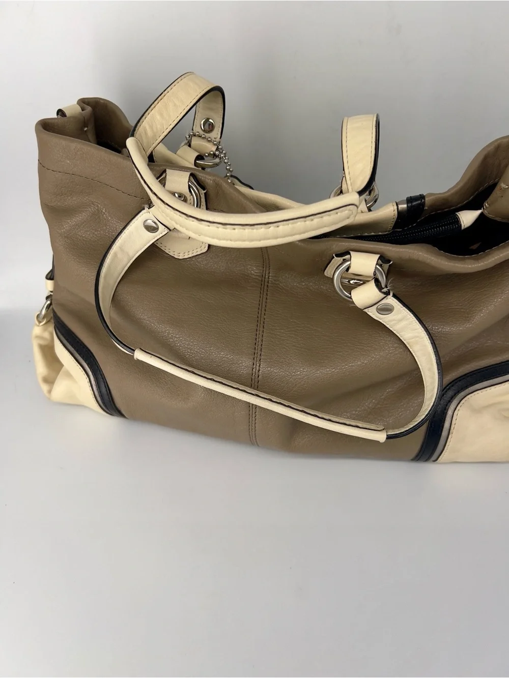 Coach Two-Tone Taupe & Cream Shoulder Bag with Black Trim